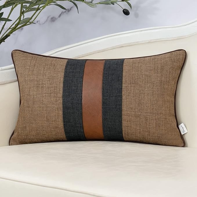 Yangest Patchwork Pillow Cover 12x20 Inch Luxury Cotton and Linen Cushion Cover Faux Leather Pillowcover for Couch Bedroom Living Room, Brown