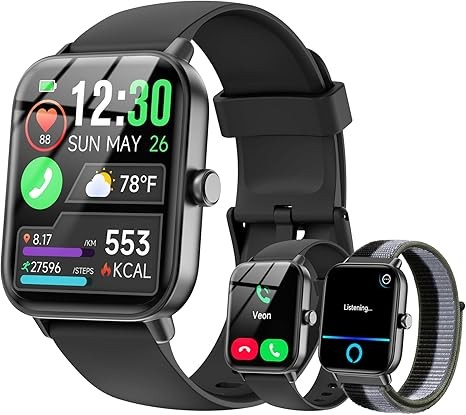 Smart Watches for Women/Men, Smart Watch for Android Phones and iPhone Compatible, Alexa Built-in, 1.8" Fitness Watches for Women, IP68 Waterproof /Bluetooth Call, Heart Rate/Sleep Monitor, Two Bands