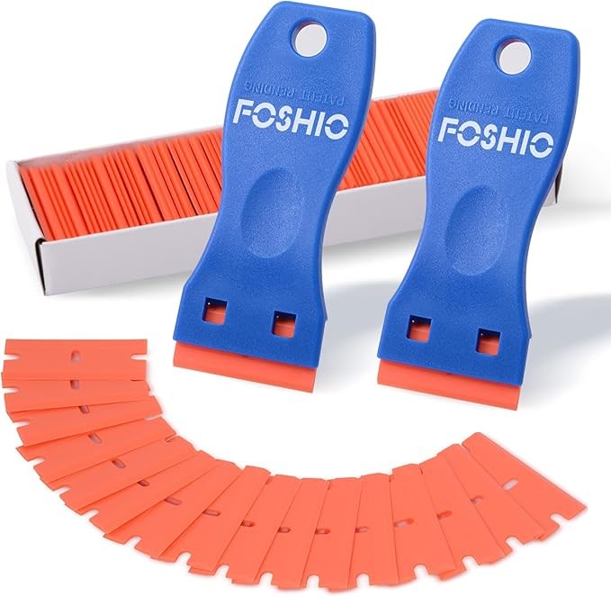 FOSHIO Plastic Razor Blade Scraper Include 2PCS Scraper Tool and 100PCS Blades for Gasket Remover, Labels Decal and Adhesive Remover for Windows and Glass