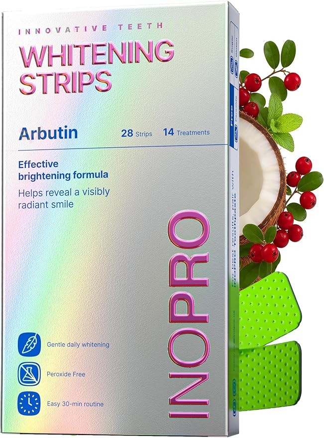 InoPro Teeth Whitening Strips 14 Treatments Kit - Enamel Safe Teeth Whitener, Peroxide-Free, Green White Strips for Teeth Whitening with Arbutin, Coconut Oil, Deep Stains Removal (28 Strips)