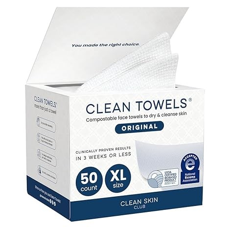 Clean Skin Club Clean Towels XL®, 100% USDA Biobased Face Towel, Disposable Face Towelette, Eczema Association Accepted, Makeup Remover Dry Wipes, Ultra Soft, 1 Pack, 50 Ct