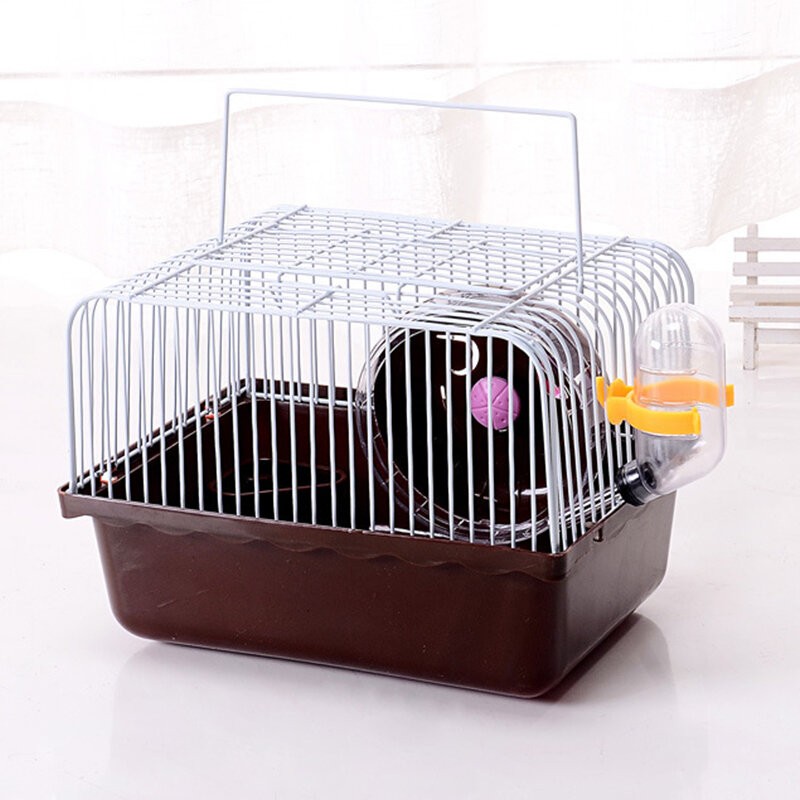 Pet hamster cage with running wheel, water bottle, basin, mouse and home decoration