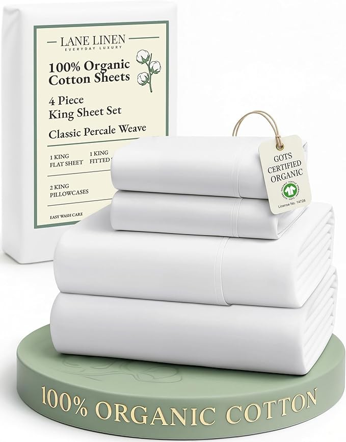 LANE LINEN 100% Organic Cotton King Size Sheets Set, Soft & Comfy All Season Breathable Sheets King Size, Percale Weave Fully Elasticized Eco Friendly Naturally Cooling King White Bed Sheets