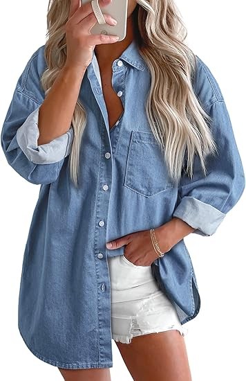 Astylish Women Denim Shirts Button Down Blouse V Neck Casual Tops