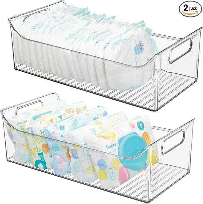 mDesign Portable Nursery Storage Plastic Baby Organizer Storage Caddy Bin w/Handles for Kids/Child Essentials - Holds Diapers, Wipes, Bottles, Baby Food - 16" Long - Ligne Collection - 2 Pack - Clear
