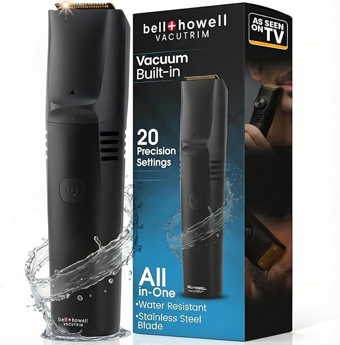 Vacutrim Cordless Mens Beard Trimmer, Rechargeable Electric Shaver with 20 Trim Setting Calibration Dial and Built-in Vacuum for Mustache, Sideburns. Facial Hair, Black, 7.5", As Seen On TV