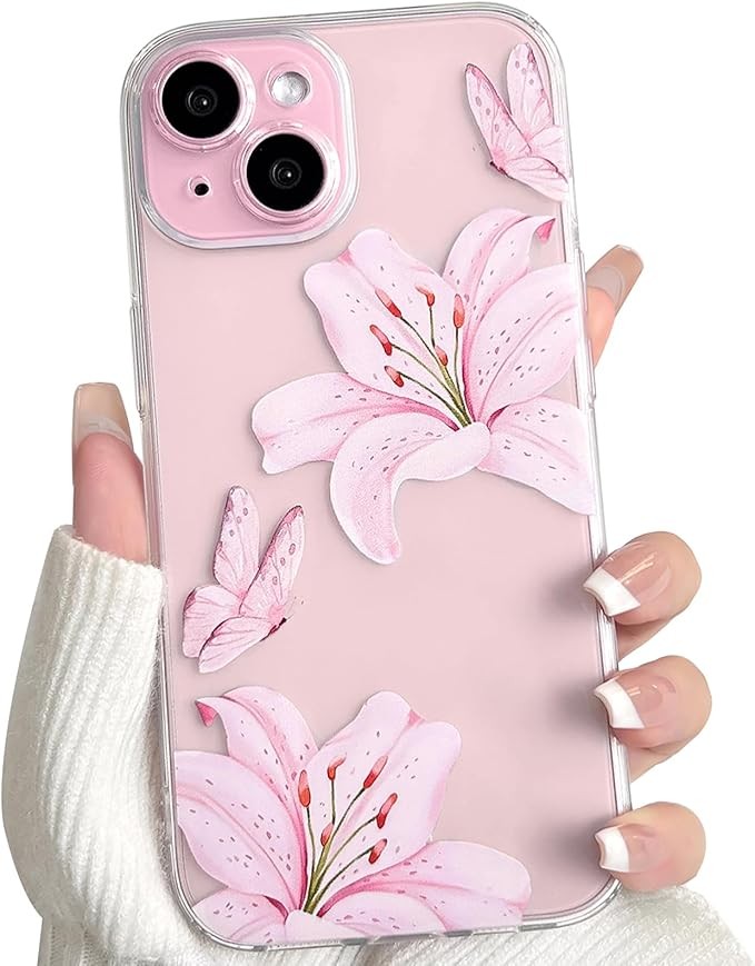 NITITOP Compatible with iPhone 15 Case Clear Cute Butterfly Lily Flower Floral Pattern for Women Girls Full Camera Lens Clear Slim Shockproof Protective Phone Cover - Pink