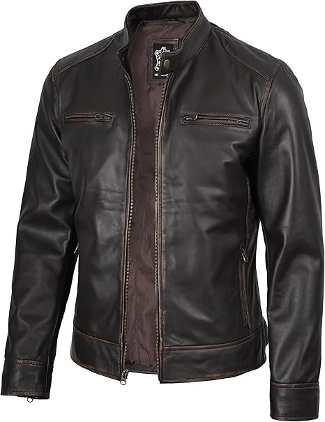 fjackets Mens Leather Jacket - Real Lambskin Leather Jackets For Men - Cafe Racer Style Leather Jacket Men