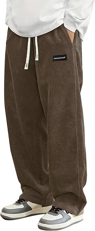 Mens Corduroy Casual Pants Fashion Loose Fit Wide Leg Pants Straight Sweatpants Elastic Waist Drawstring