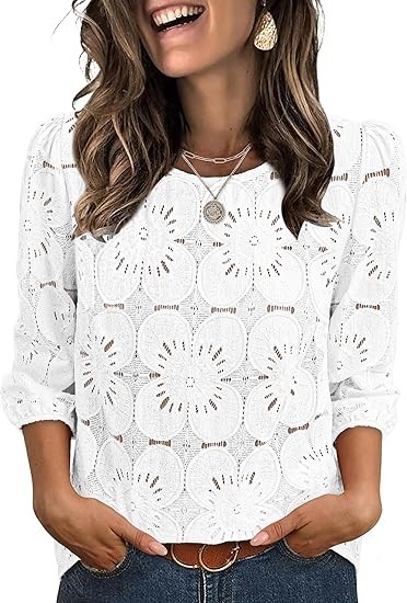 Sampeel Women Blouses Dressy Casual 3/4 Length Sleeve Tops Eyelet Lace Spring Summer Shirts Beach Vacation Clothes
