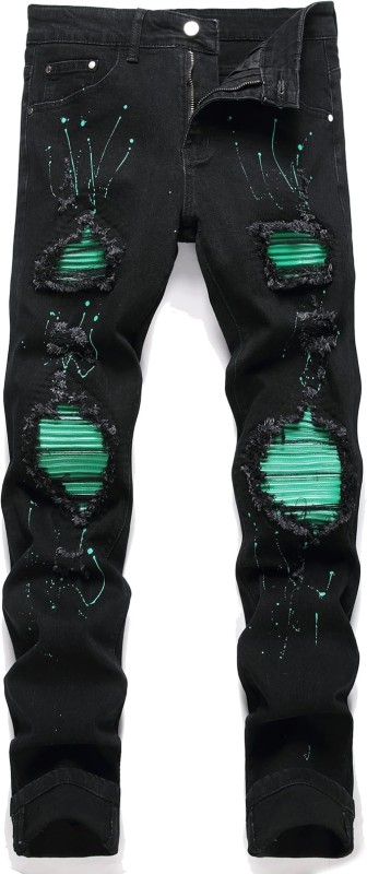 Men's Ripped Patch Elastic Jeans Fashion Slim Fit Regular Denim Pants