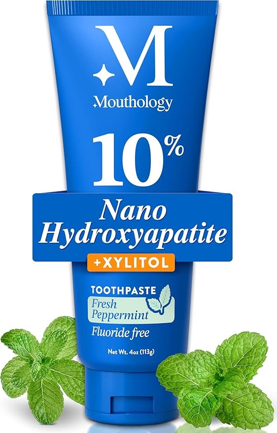 Mouthology 10% Nano Hydroxyapatite Toothpaste Fluoride Free, Whitening*, Rod Shaped nHa, Xylitol Toothpaste for Adults, Enamel Care*, Sensitive Teeth*, SLS Free, Mint 4oz (USA Made) Package May Vary