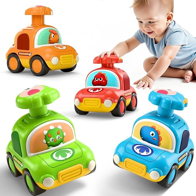 iPlay, iLearn Press to Go Dinosaur Car Toys for Toddlers 1-3, Baby Play Race Vehicle Set, Infant Boy Push Go Friction Toy, 4pcs Animal Car for 12 18 24 Month, 1st Birthday Gift for 1 2 3 Yr Kid Child