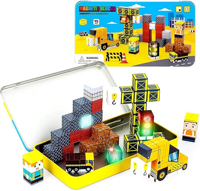 45PCS Magnetic Blocks Travel Toys for Kids with Portable Iron Box, Mini Magnetic Cubes Outdoor Toys for Airplane & Car Ride STEM Learning Gift Idea for Ages 3+ Gift（ Construction Theme）
