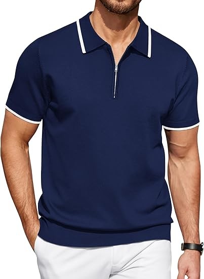 COOFANDY Men's Zipper Polo Shirt Casual Knit Short Sleeve Polo T Shirt Classic Fit Shirts