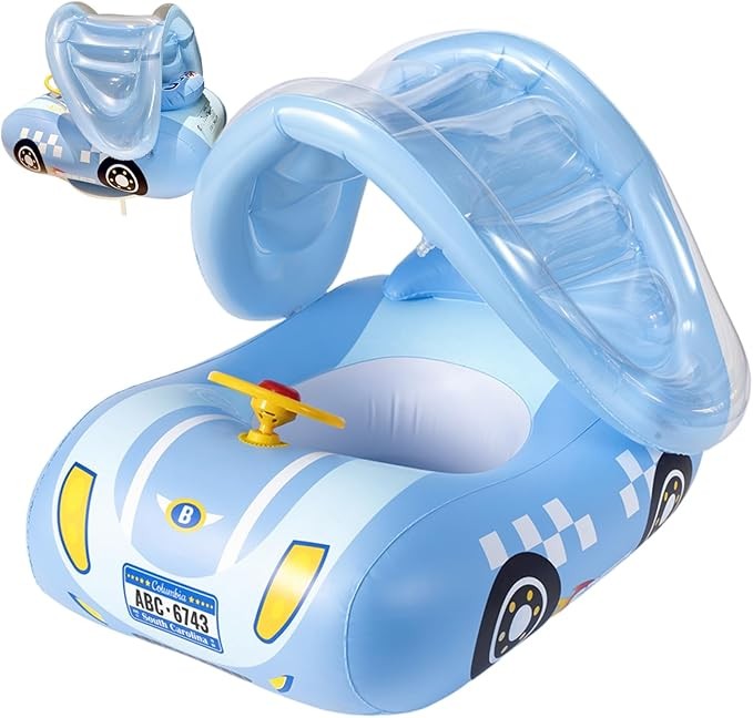 Car Shape Baby Float with Canopy Inflatable Pool Float for 1-6 Years Boys & Girls
