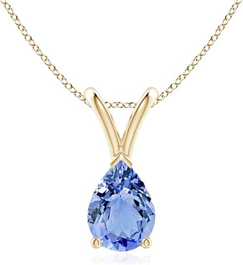 Angara Natural Tanzanite Solitaire Pendant for Women | V-Bale Pear-Shaped Tanzanite Solitaire Pendant in 14K Solid Gold/Silver/Platinum With 18" Chain | December Birthday, Gemstone Jewelry Gift