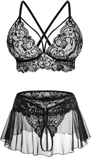 Sexy Lingerie for Women Naughty 3 Piece Lace Bralette, Mini Skirt with G-String Crotchless Lingerie Outfits